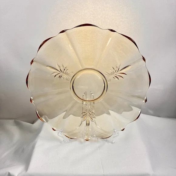 Vintage Amber Glass Scalloped Edge Dessert Cake‎ Stand Tray Floral Etched Topaz - Picture 14 of 16